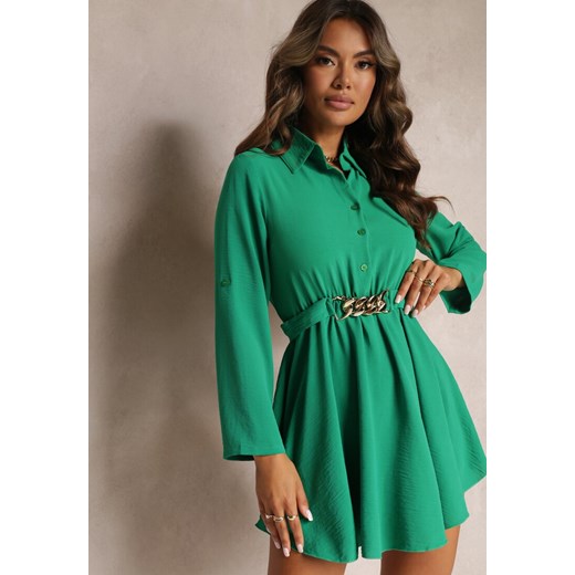 Zielona Sukienka Mini z Gumką w Pasie i Ozdobnym Paskiem Lateica ze sklepu Renee odzież w kategorii Sukienki - zdjęcie 162125083