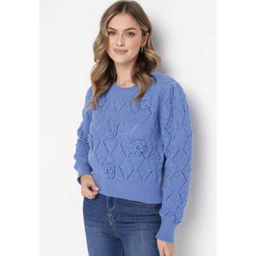 Niebieski Sweter z Aplikacją 3D w Kształcie Kwiatów Trismos ze sklepu Born2be Odzież w kategorii Swetry damskie - zdjęcie 162125334