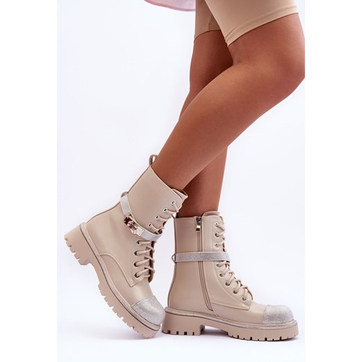 Botki na platformie ze skóry beżowe na jesień casual na zamek 