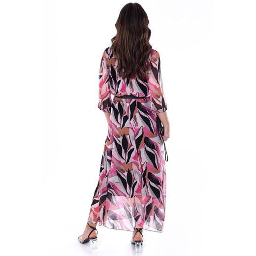 Sukienka Fokus z długim rękawem wielokolorowa w abstrakcyjne wzory na wiosnę z dekoltem w serek maxi z tkaniny 
