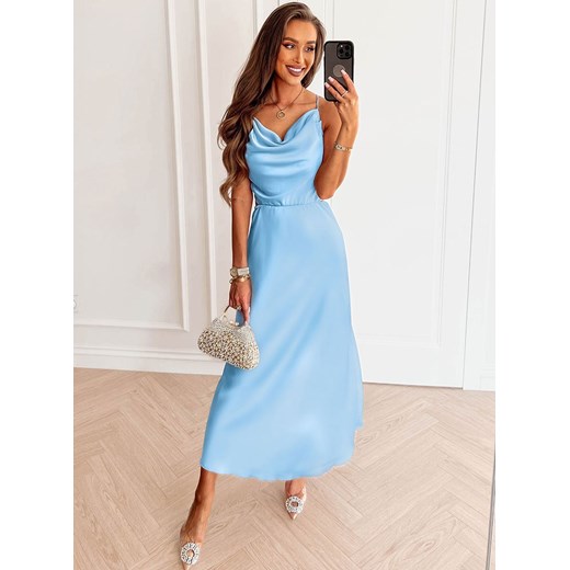 Błękitna satynowa sukienka wiązana bez pleców Rebel - błękitny ze sklepu pakuten.pl w kategorii Sukienki - zdjęcie 162158121