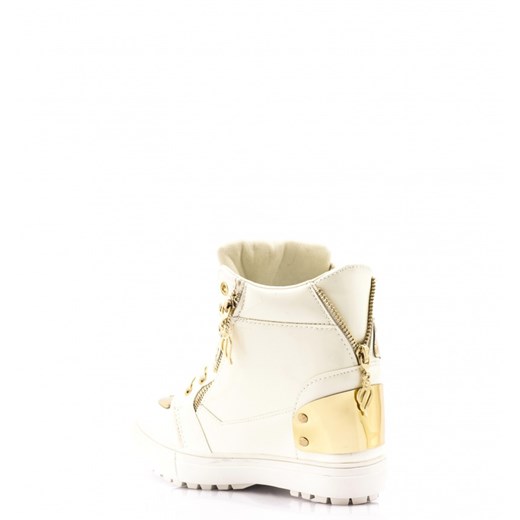 Białe Sneakersy White Sneakers with Golden Shields born2be-pl bezowy skóra ekologiczna