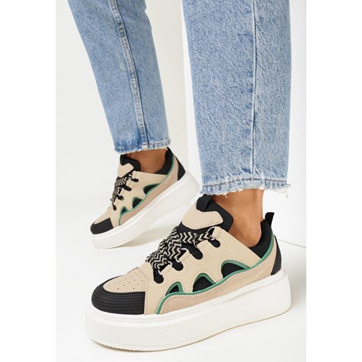 Beżowo-Czarne Sneakersy na Grubej Podeszwie z Wstawkami Jacopa ze sklepu born2be.pl w kategorii Buty sportowe damskie - zdjęcie 162162760