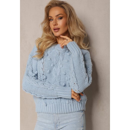 Niebieski Grubo Pleciony Sweter z Wełną i Bawełną Bavime ze sklepu Renee odzież w kategorii Swetry damskie - zdjęcie 162235783