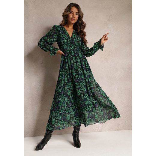 Zielono-Czarna Sukienka Maxi Rozkloszowana z Kopertowym Dekoltem Bramave ze sklepu Renee odzież w kategorii Sukienki - zdjęcie 162236112