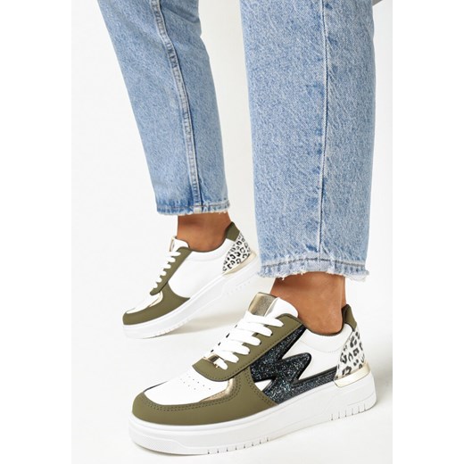Biało-Zielone Sznurowane Sneakersy na Płaskiej Podeszwie z Metaliczną i Brokatową Wstawką Mebassa ze sklepu born2be.pl w kategorii Buty sportowe damskie - zdjęcie 162265641