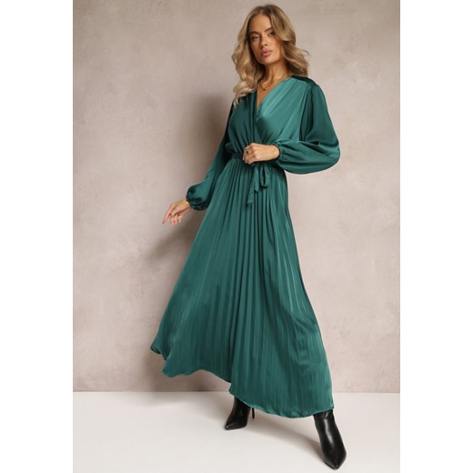 Zielona Maxi Sukienka z Plisowanym Dołem i Kopertowym Dekoltem Basila ze sklepu Renee odzież w kategorii Sukienki - zdjęcie 162268830