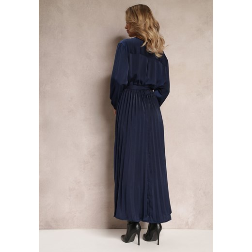 Sukienka Renee granatowa elegancka kopertowa z długim rękawem z dekoltem v 