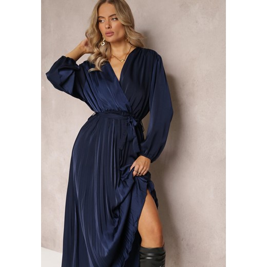 Sukienka Renee granatowa z dekoltem v z długim rękawem jesienna elegancka 