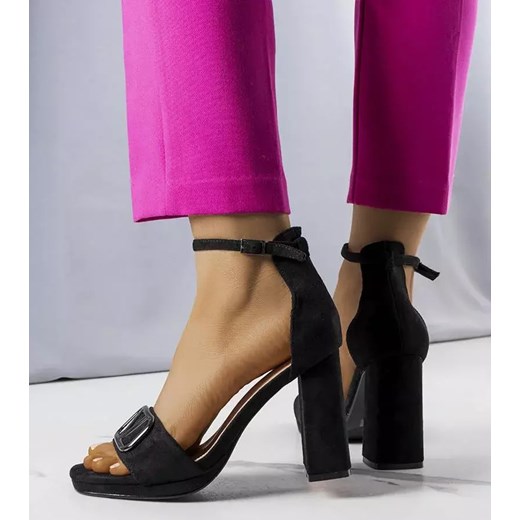 Sandały damskie czarne Gemre na słupku na wysokim obcasie zamszowe eleganckie 