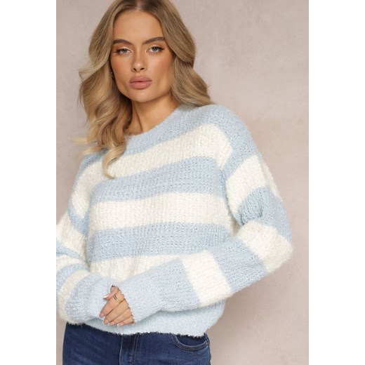 Niebieski Klasyczny Sweter w Szerokie Pasy ze Ściągaczami Reassa Renee S Renee odzież okazja