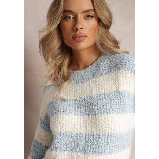 Niebieski Klasyczny Sweter w Szerokie Pasy ze Ściągaczami Reassa Renee M okazyjna cena Renee odzież