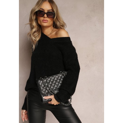 Czarny Sweter z Puchatej Dzianiny z Dekoltem V Phimys ze sklepu Renee odzież w kategorii Swetry damskie - zdjęcie 162305143