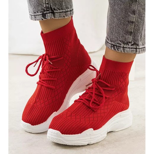 Buty sportowe damskie sneakersy na płaskiej podeszwie czerwone sznurowane 