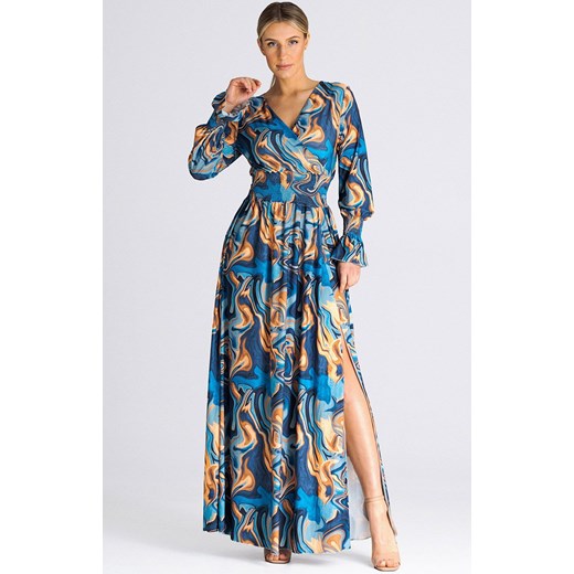 Długa sukienka z bufiastym rękawem M940/156, Kolor niebiesko-żółty, Rozmiar S/M, Figl ze sklepu Primodo w kategorii Sukienki - zdjęcie 162313673