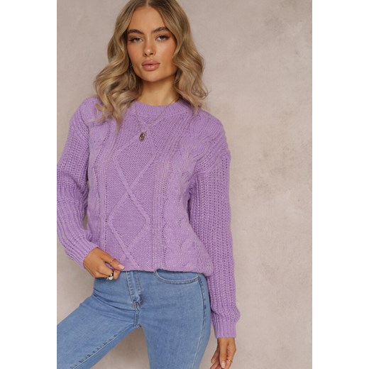 Fioletowy Klasyczny Sweter z Modnym Splotem Wykończony Ściągaczami Viala ze sklepu Renee odzież w kategorii Swetry damskie - zdjęcie 162319284