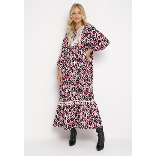 Fuksjowo-Czarna Rozkloszowana Sukienka Maxi z Falbanką Tinamessa ze sklepu Born2be Odzież w kategorii Sukienki - zdjęcie 162350371