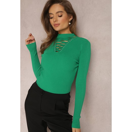 Zielony Sweter z Gorsetowym Wiązaniem na Dekolcie Clallie ze sklepu Renee odzież w kategorii Swetry damskie - zdjęcie 162359250