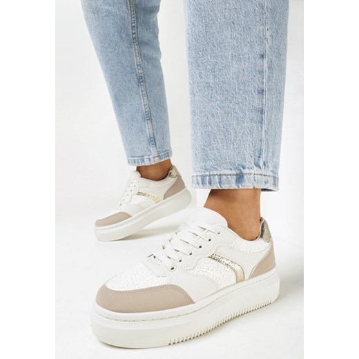 Beżowe Sznurowane Sneakersy na Płaskiej Grubej Podeszwie z Metalicznymi Wstawkami Neradel ze sklepu born2be.pl w kategorii Buty sportowe damskie - zdjęcie 162368504