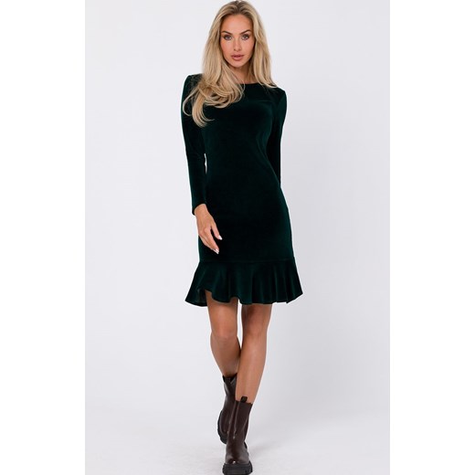 Sukienka z falbanką welurowa ciemnozielona M765, Kolor ciemnozielony, Rozmiar L, Moe S Primodo okazyjna cena