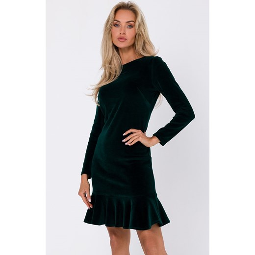 Sukienka z falbanką welurowa ciemnozielona M765, Kolor ciemnozielony, Rozmiar L, Moe S Primodo wyprzedaż