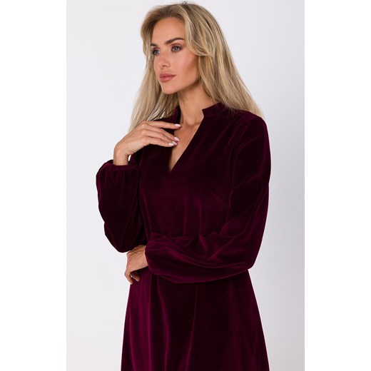 Welurowa sukienka z dekoltem V bordowa M767, Kolor bordowy, Rozmiar L, MOE Moe M promocja Primodo