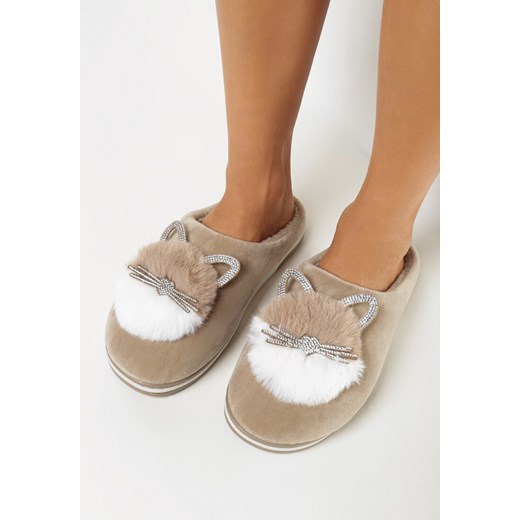 Ciemnobeżowe Kapcie Futrzane z Kotkiem Rirovi 36-37 promocyjna cena born2be.pl