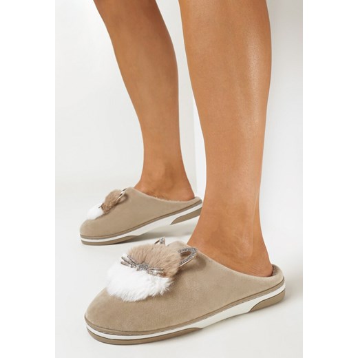 Ciemnobeżowe Kapcie Futrzane z Kotkiem Rirovi 36-37 born2be.pl okazja