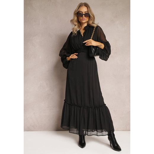 Czarna Rozkloszowana Sukienka Maxi ze Stójką i Falbanką Camillene ze sklepu Renee odzież w kategorii Sukienki - zdjęcie 162411031