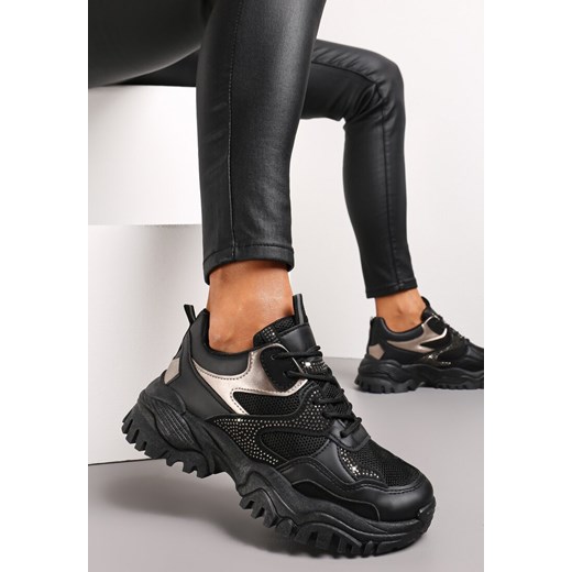 Czarne Sneakersy na Grubej Podeszwie w Cyrkonie Wintale Renee 39 okazja renee.pl