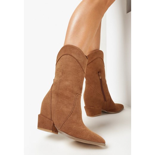 Brązowe Kozaki Kowbojki na Niskim Ukrytym Koturnie Ronette 41 wyprzedaż born2be.pl