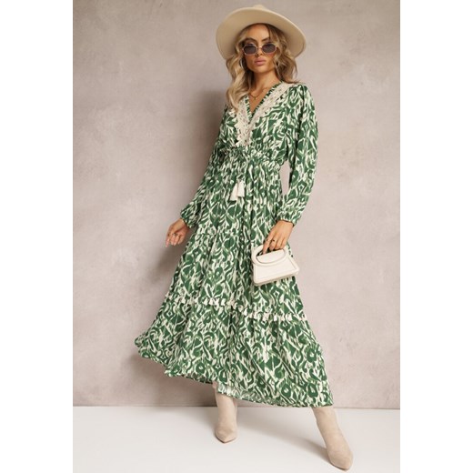 Zielona Rozkloszowana Sukienka z Gumką w Pasie i Ażurową Wstawką Margotta ze sklepu Renee odzież w kategorii Sukienki - zdjęcie 162496852