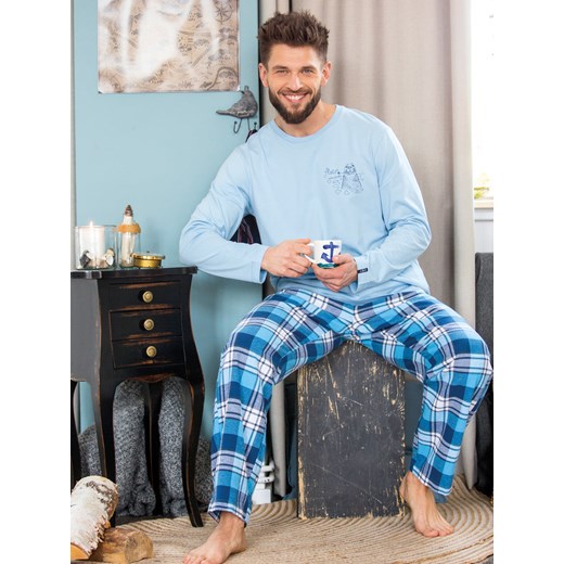 Błękitna piżama łącząca bawełnianą bluzę i flanelowe spodnie - M ze sklepu PH KEY Sp. z o.o.  w kategorii Piżamy męskie - zdjęcie 162530383