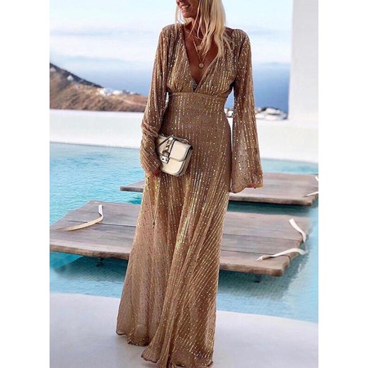 Sukienka maxi cekinowa z szerokimi rękawami i głębokim dekoltem Attirra S Attirra