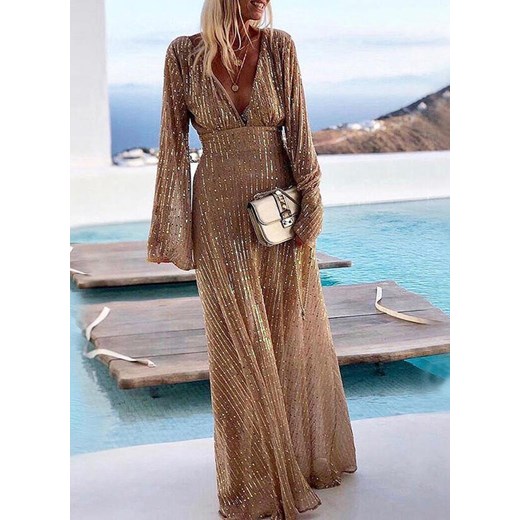 Sukienka maxi cekinowa z szerokimi rękawami i głębokim dekoltem Attirra XL Attirra