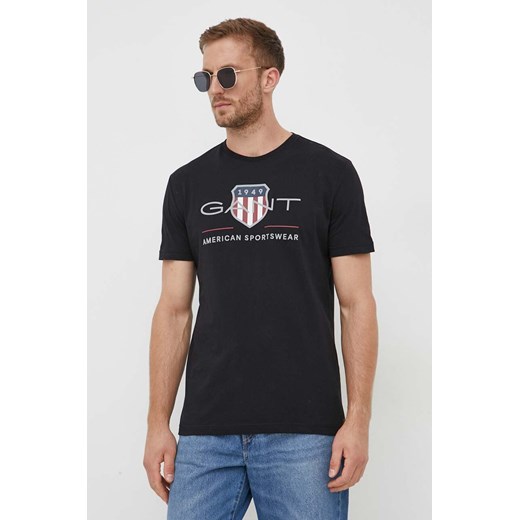 Gant t-shirt bawełniany kolor czarny z nadrukiem ze sklepu ANSWEAR.com w kategorii T-shirty męskie - zdjęcie 162717210