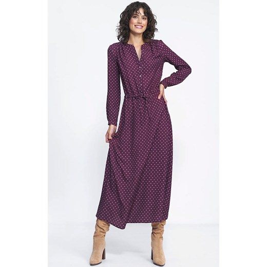 Długa bordowa sukienka w grochy S230, Kolor bordowy, Rozmiar 34, Nife ze sklepu Primodo w kategorii Sukienki - zdjęcie 162735672