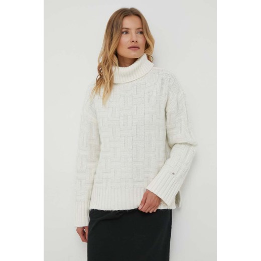 Tommy Hilfiger sweter z domieszką wełny damski kolor beżowy ciepły z golfem Tommy Hilfiger L ANSWEAR.com