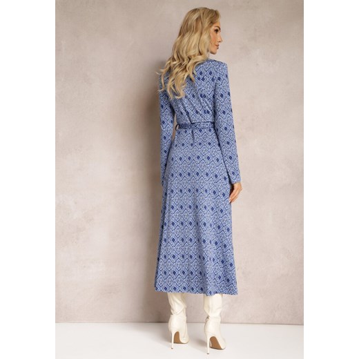 Niebieska Midi Sukienka o Koszulowym Fasonie z Paskiem w Drobny Print Renonna Renee L wyprzedaż Renee odzież