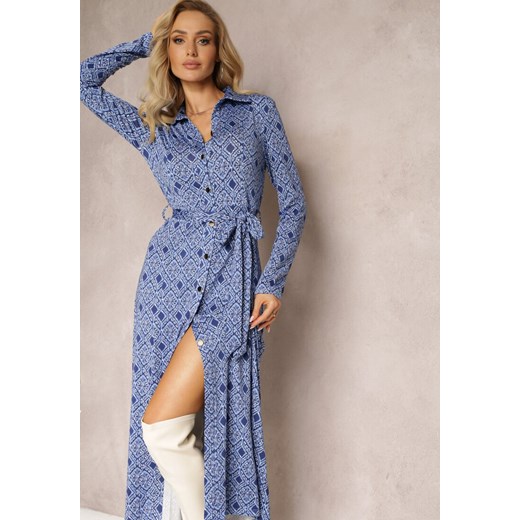 Niebieska Midi Sukienka o Koszulowym Fasonie z Paskiem w Drobny Print Renonna Renee M promocja Renee odzież