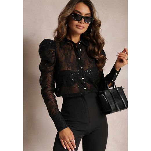 Czarna Przezroczysta Koszula z Bufiastymi Rękawami Helunne ze sklepu Renee odzież w kategorii Koszule damskie - zdjęcie 162750471