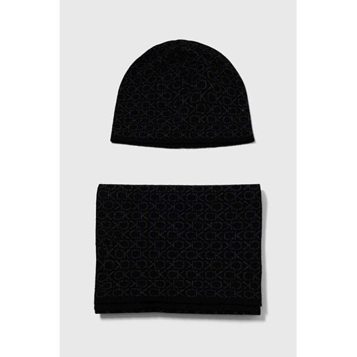 Calvin Klein czapka i szalik z domieszką wełny kolor czarny ze sklepu ANSWEAR.com w kategorii Dodatki męskie - zdjęcie 162754453