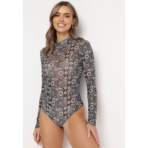 Czarne Siateczkowe Body z Mozaikowym Kwiatowym Wzorem Binavia L wyprzedaż Born2be Odzież