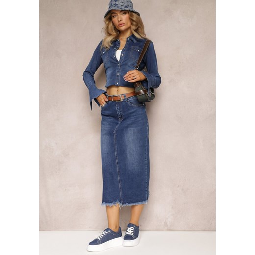 Niebieska Jeansowa Spódnica Midi z Paskiem i Ozdobnym Rozcięciem Amaias ze sklepu Renee odzież w kategorii Spódnice - zdjęcie 162830254