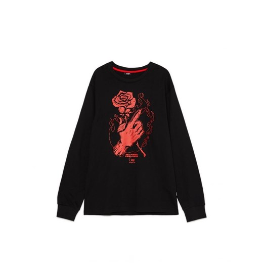 Cropp - Czarna koszulka longsleeve z motywem róży - czarny ze sklepu Cropp w kategorii T-shirty męskie - zdjęcie 162843363