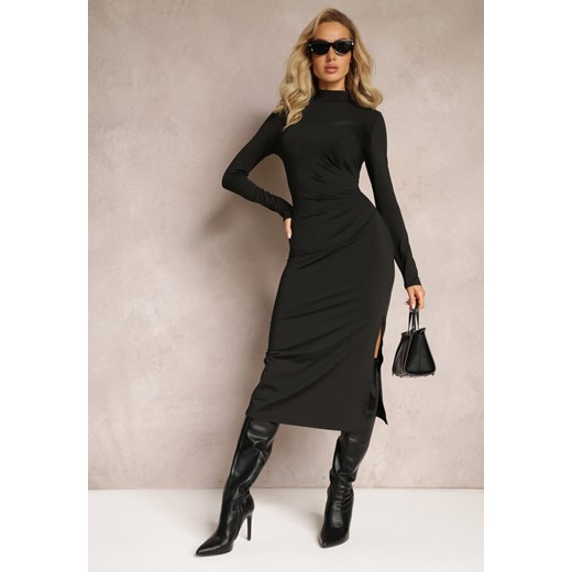 Czarna Sukienka Midi z Marszczeniem i Rozcięciem Vangia ze sklepu Renee odzież w kategorii Sukienki - zdjęcie 162852674
