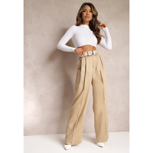 Beżowe Szerokie Spodnie High Waist z Kieszeniami Keanne ze sklepu Renee odzież w kategorii Spodnie damskie - zdjęcie 162889180