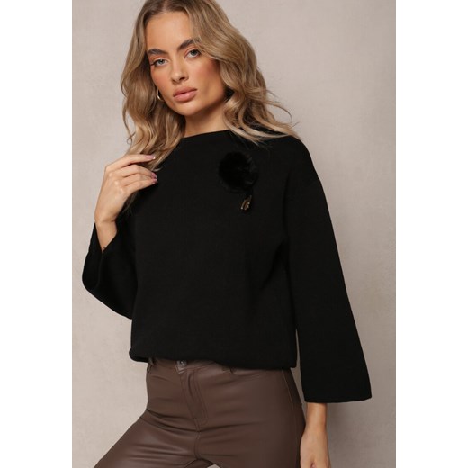 Czarny Sweter Ozdobiony Pluszową Broszką Carrei ze sklepu Renee odzież w kategorii Swetry damskie - zdjęcie 162928991