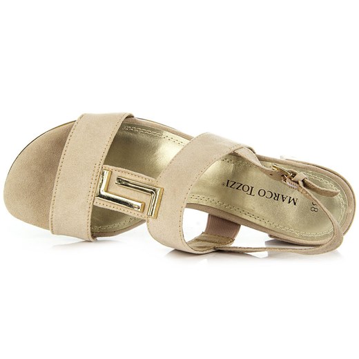 MARCO TOZZI 28202-24 beżowe sandały damskie ze złotą ozdobą eleganckie butyraj-pl szary skóra
