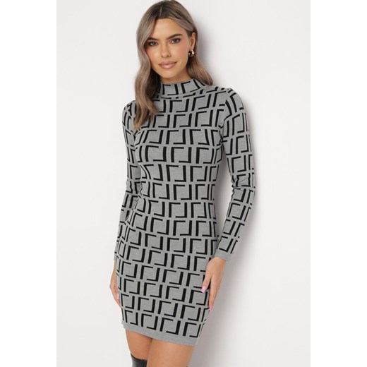 Szara Sukienka Mini ze Sweterkowego Materiału w Geometryczny Wzór Lenikes ze sklepu Born2be Odzież w kategorii Sukienki - zdjęcie 162945790